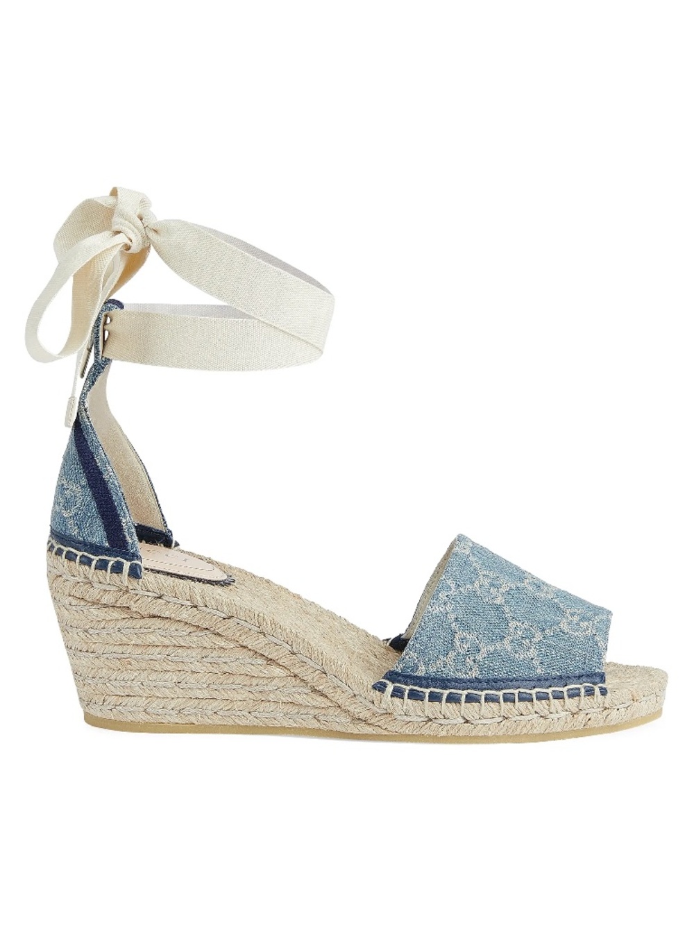 Gucci Blue Denim GG Espadrille Wedge Sandals with Cream Ribbon